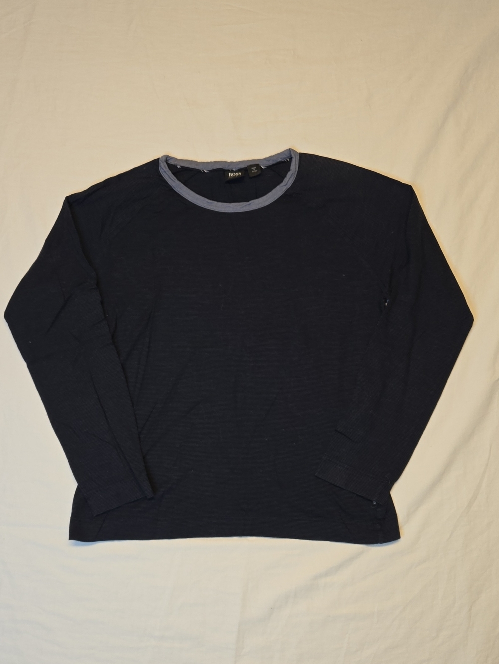 Hugo Boss Navy Blue Stripe Long-Sleeve Crew Tee with Light Blue Trim
